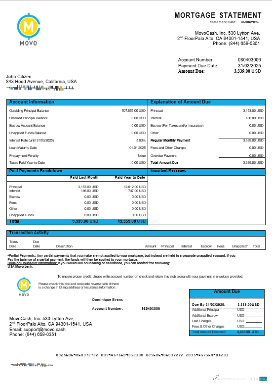 Download USA MOVO bank mortgage statement in Word and PDF formats Photoshop template